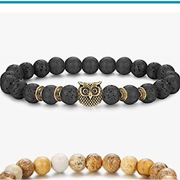 🦉20%off 3+🦉NWT Genuine 8mm Lava Rock Power Gemstone Unisex Bracelet, owl charm - Picture 1 of 7